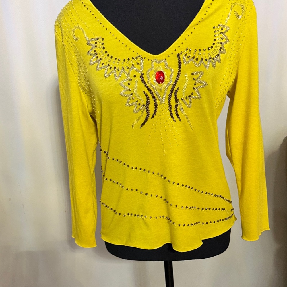 Yellow V-Neck Long Sleeve Top with Jewel and Rhinestone Accents